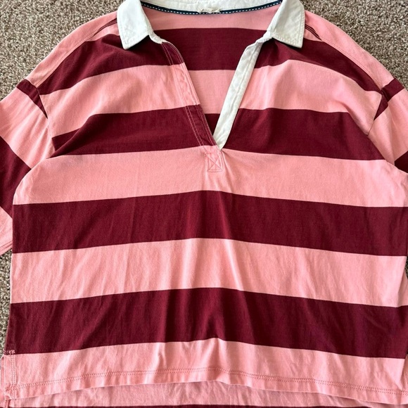 Anthropologie Pilcro Striped Cotton Pink White & Burgundy Rugby Polo Shirt Sz L - Picture 2 of 5